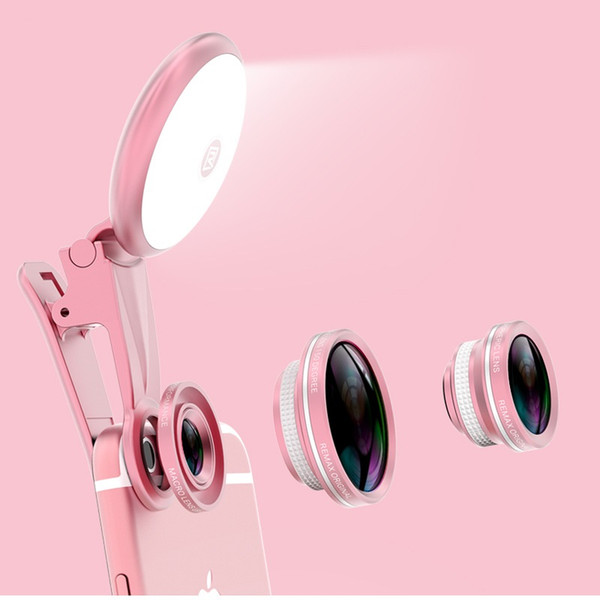 universal clip-on selfie light + fish eye lens wide angle lens marco lens for mobie phones samsuang huawei mi 4 in 1 fish eye fill-in lights