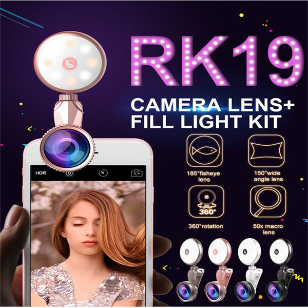 Luxury LED Selfie Flash Light RK19 Beauty Artifact 9 levels Fill light Adjustment with Fisheye Lens Wide Angle Macro Lens