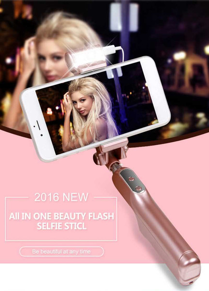 2016 New Cable bluetooth Timer Extendable Handheld Self portable custom Selfie Stick with Led Lights for Night Shot with remote control