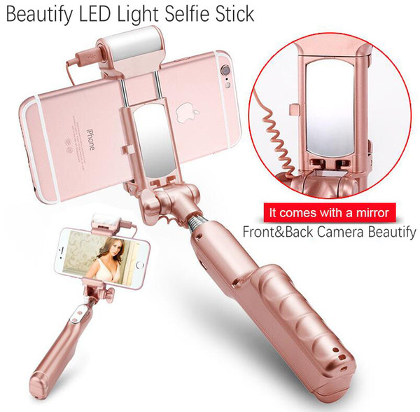 high quality beautify selfie stick Bluetooth LED 360 rotatable Light Selfie Stick with Rear Mirror for iphone and android samsung phone