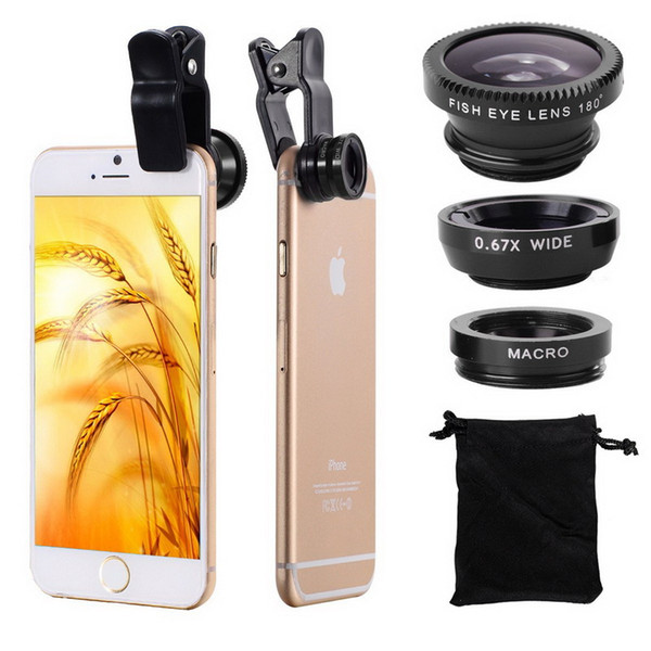 MOQ;20PCS Universal Fisheye 3 in 1 Wide Angle Macro Lens Smartphone Mobile Phone lenses Fish Eye for iPhone 6 6s 7s Plus