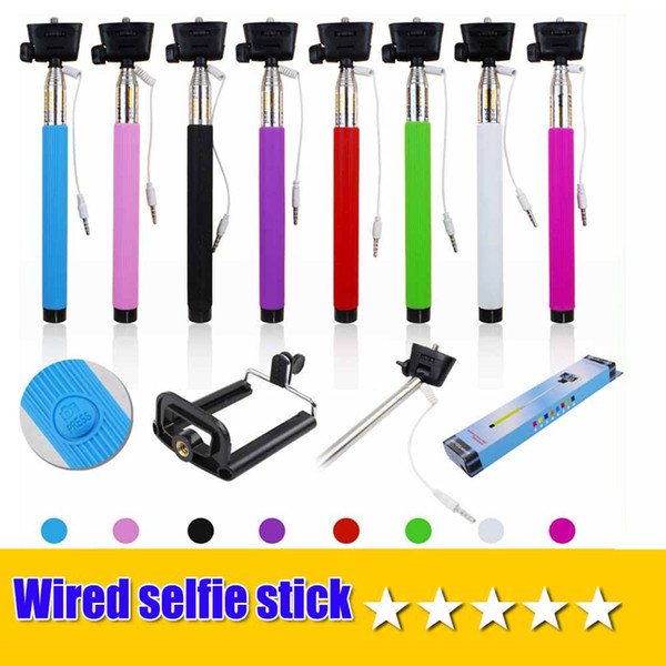 50pcs/lot New 2 in 1 cable wired Monopod Z07-5S plus Extendable selfie stick take photo control for iphone Android smart phone