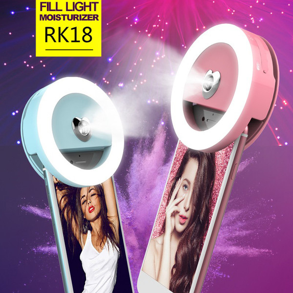 RK18 Portable LED Selfie Ring Lingt Beauty Moisturizing Flash Camera Enhancing Photography Light with Humidifier for Smartphone