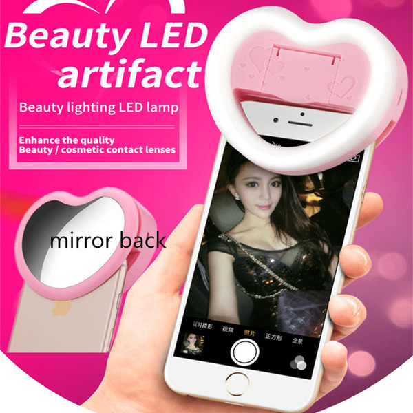 Heart shape LED selfie light lamp clip-on beauty led artifact with makeup mirror mobile holder on-line live show back light for iphone7 6