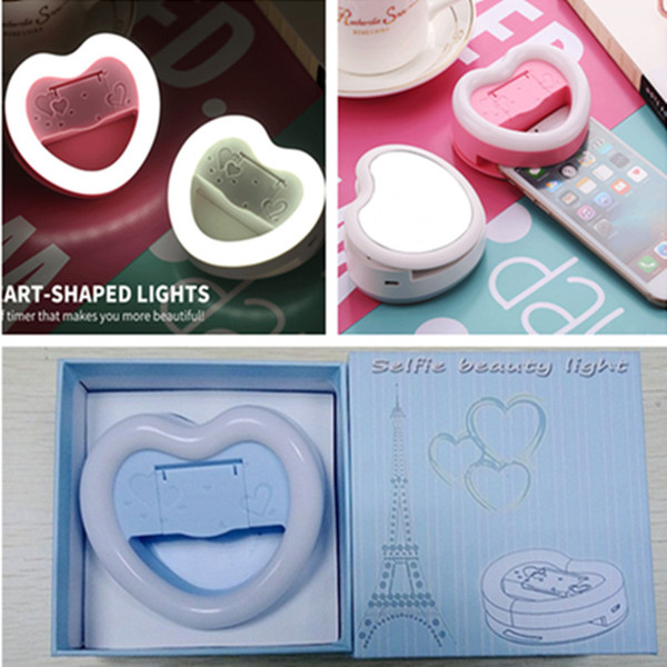 Heart shape LED selfie light clip-on beauty led artifact lamp with makeup mirror mobile holder on-line live show back light self timer light