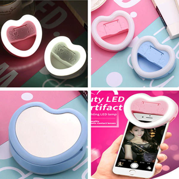 NEW heart shape LED selfie light clip-on beauty led artifact lamp with makeup mirror mobile holder on-line live show back light for iphone7