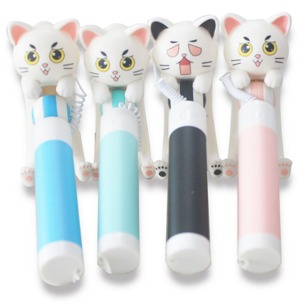 2017 M7 Cat Cute Foldable Super Mini Wired Selfie Stick Handheld Extendable Monopod -Built in Non-slip Handle Compatible with phone 50PCS