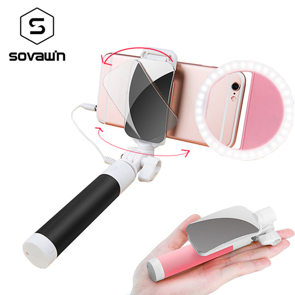 Rotatable Mini Selfie Stick with Mirror Folding Monopod Extendable Aluminum Universal Selfie LED Ring Light for Mobile Phone