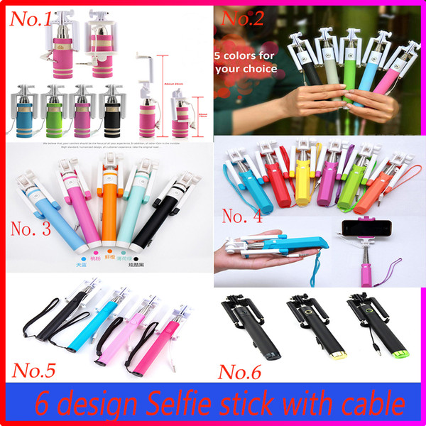 6 design high quality Mobile phone selfie stick Monopod with cable Foldable monopod mini size