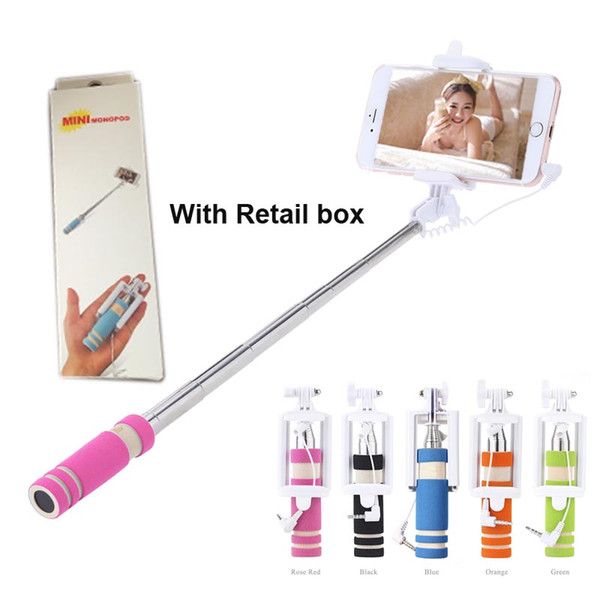 Hot sales mini 3.5mm Jack Cable Selfie Stick Connect RC Selfie Stretch Monopod Camera Shutter with Adjustable Phone Holder DHL free shipping