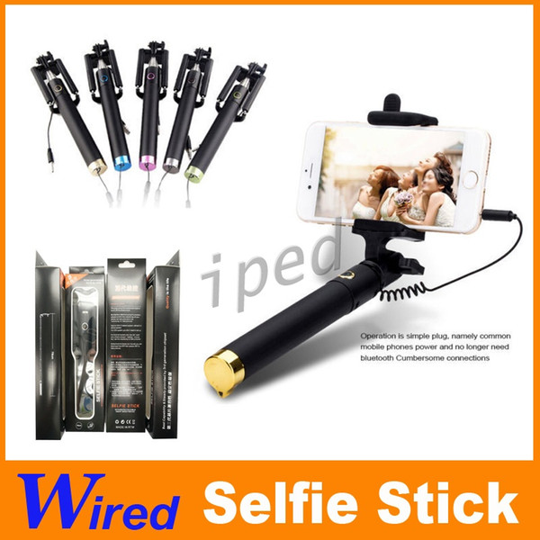 Handheld Extendable Pocket Luxury Wired Selfie Sticks Built-in Shutter Smart Integrated Selfie Monopod For iPhone Samsung Sony HTC LG
