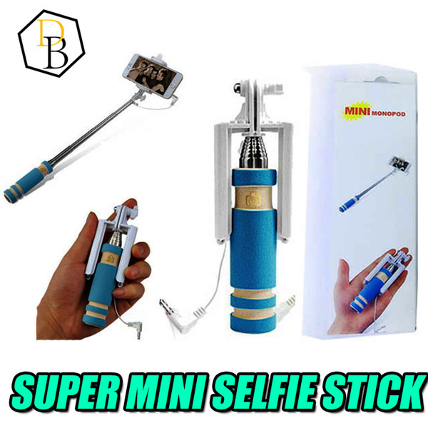 Super Mini Wired Monopod Selfie Sticks For Ios Android Extendable Universal Aluminum Pocket Foldable Cable Selfie Sticks With Retail Package