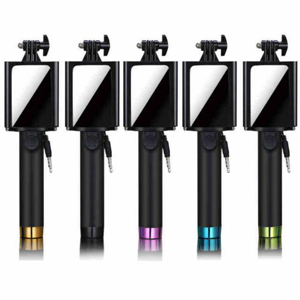 Mini Self Stick Portable Light Fold Self-portrait Holder with Cable for cell phone Sansung iphone selfie monopod with mirror 5 styles USZ024