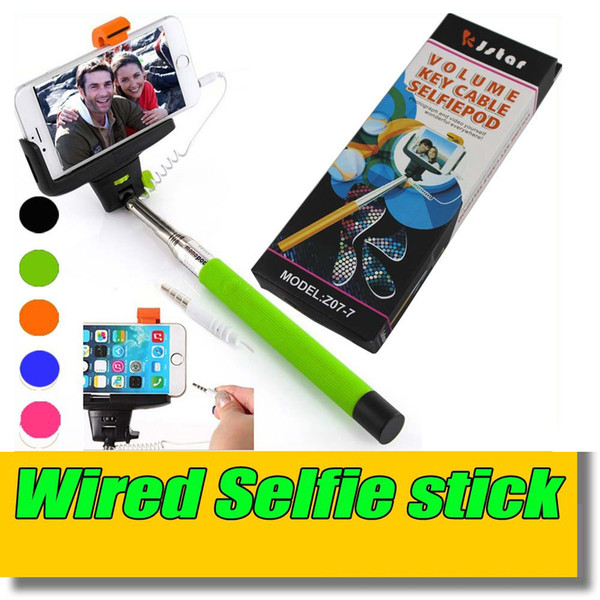 DHL 100PCS/lot 5Color Retail Box Handheld Wired Cable Monopod Z07-7 Extendable Selfie Wired Stick Tripod Pole For iphone ios Android