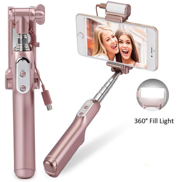 Extendable Handheld Bluetooth Selfie Stick with 360 Degree Led Fill Light and Rear Mirror Universal Monopod for iPhones and Android Smart Ph