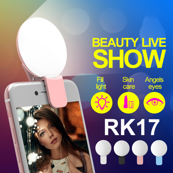 RK17 Mini Portable Beauty Selfie Ring Light 9 pcs LED Camera Photography Enhancing Flash Light with USB Cable Rechargeable for Cell Phones