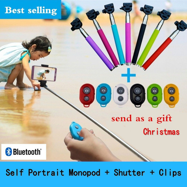 2014 Christmas Gift Extendable Handheld Self portrait Monopod selfie stick Photo Bluetooth Shutter Camera monpod + bluetooth shutter +Clips