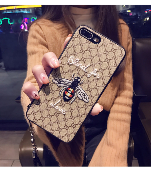 YunRT Brand 3d Embroidery Bee Bird With Lanyard Girl Phone Cover Case For Iphone X Xs Max Xr 10 8 7 6 6s Plus Luxury Pu Leather Coque Fundas