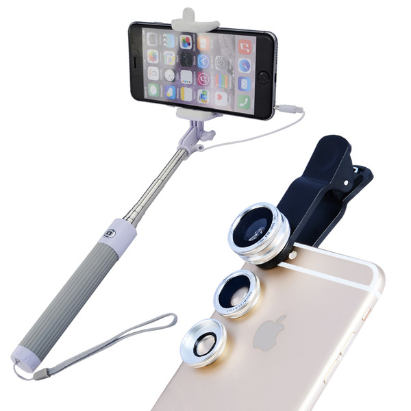 Wholesale-Apexel Monopod cable Selfie Stick wired monopod and 3 in 1 Fish Eye Wide Angle Macro lens for Sumsung iPhone 6S Plus 4 5 96CX3