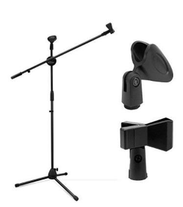 Microphone Stand, Tripod Boom Mic Stands with 2 Mic Clip Holders, Adjustable, Collapsible