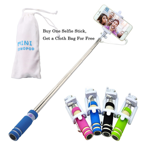 Wholesale-Portable Mini Folding Mobile Phone Wired self Selfie Sticks For iphone Samsung Built-in Shutter Camera Monopod Tripod Cloth Bag