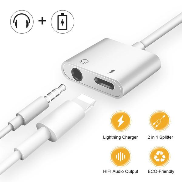 2 in 1 Adapter 3.5mm Aux Jack Headphone Earphones Audio Splitter White Cable Charging Music