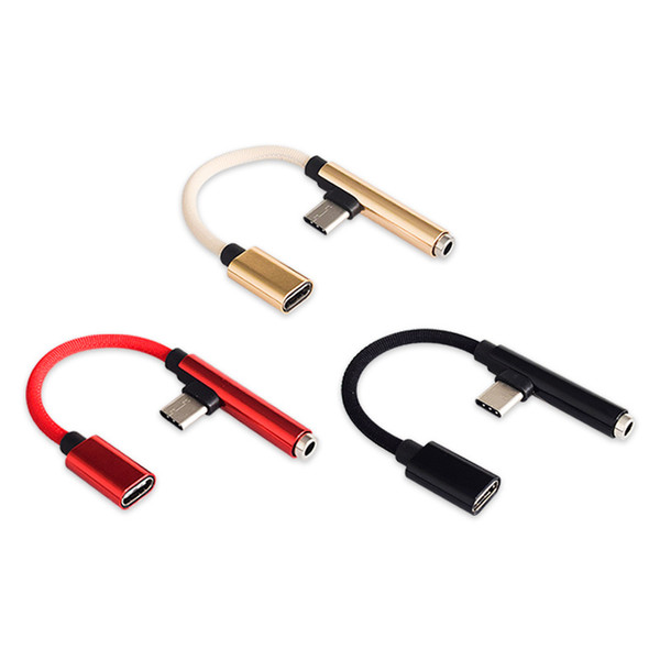 2 in 1 90 degree USB 3.1 C type to USB-3.5mm jack cell phone headset sync charger cable adapter