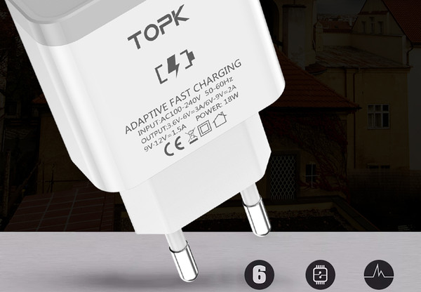 TOPK 18W Quick Charge 3.0 Fast Mobile Phone Charger EU Plug Wall USB Charger Adapter for iPhone Samsung Xiaomi Huawei