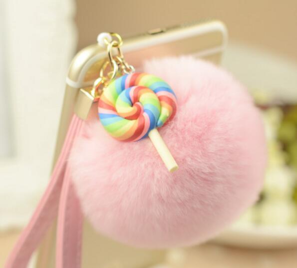 Lollipop 3.5MM Universal Mobile Phone Dust Plug Rex Rabbit Hair Ball Chain Pendant Pendant