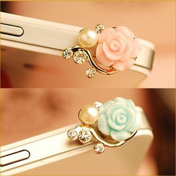 Hot Pearl Roses Dustproof Earphone Jack Plugs Mobile Phone Floral Anti Dust Plug for Cell Phone iPhone6 5 4 4S