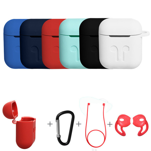 4 in 1 Set For Apple Airpods Protective Silicone Case Pouch Anti-lost Dust Plug Wire Eartips Strap For iPhone 7 Bluetooth earphone case kits