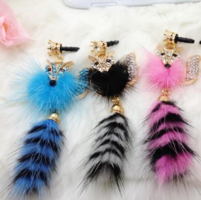 2013 Mink Crystal fox pendant phone dustproof plug earphone dust plug 10pcs/lot