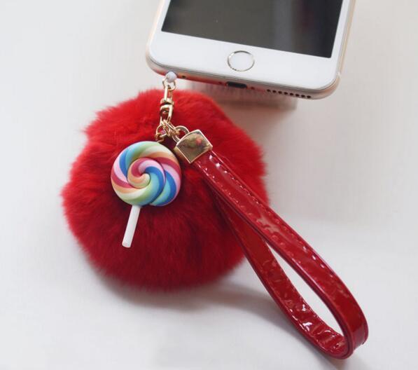 New Mobile phone dust plug lollipop 3.5MM universal mobile phone dust plug rabbit hair ball chain pendant pendant pendant