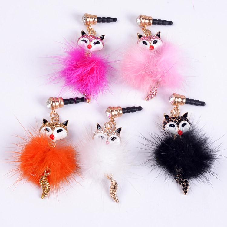 Wholesale-.Free shipping 10pcs/1lot.Whole sale.Fox diamond Dust plug.3.5mm plug for Mobile phone ornaments mix-color order