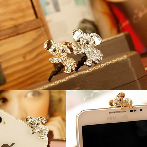 Wholesale-5PCS/LOT Earphone Limited Dust Plug Cute diamond Koala bear Dustproof Plug Caps For all 3.5MM headphone port dust plug Cute RF