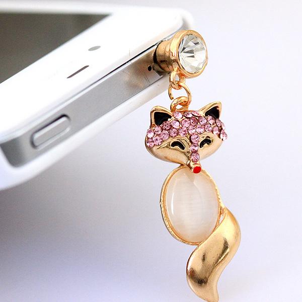 Wholesale-2016 Animal anti plug phone Charming Rhinestones Fox 3.5MM Earphone Jack Plug Pendant Cellphone Dust Plug