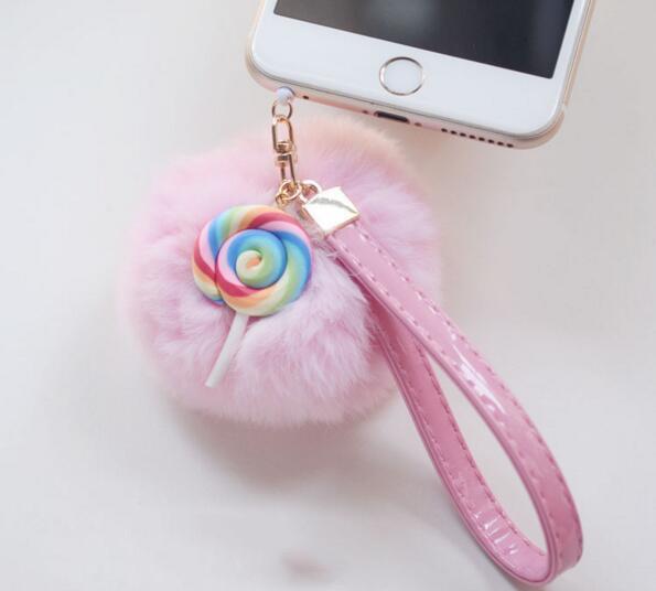 Mobile phone dust plug lollipop 3.5MM universal mobile phone dust plug rabbit hair ball chain pendant pendant pendant