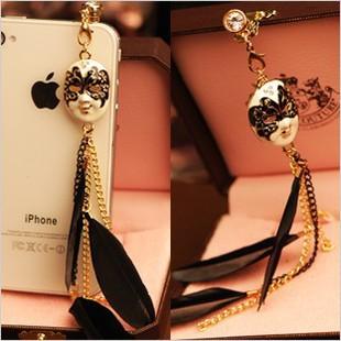 Wholesale-Wholesale Free Shipping new baroque mask feather tassel chain anti dust plug for mobile phone/kpop cool headphones cap