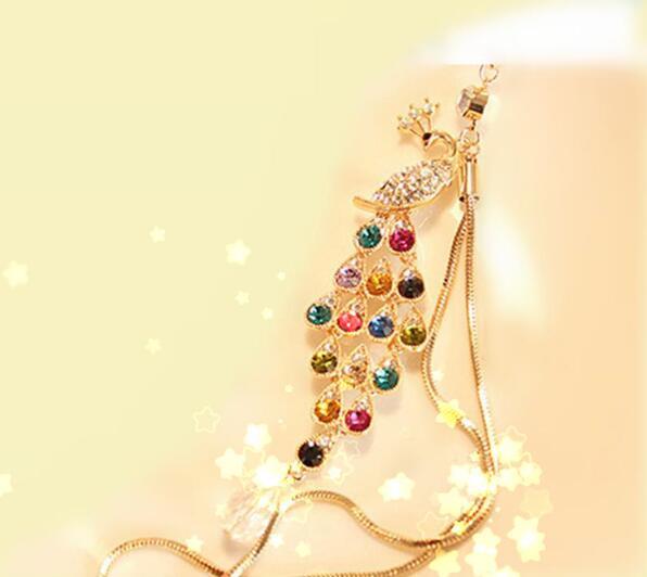 High-end atmospheric rhinestone long chain big peacock mobile phone dust plug headphone plug