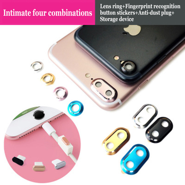 4 In 1 Aluminum Alloy Rear Camera Lens Protector Ring & Home Button sticker & Cable protector & Anti Dust Plug Set For iPhone 7plus 7