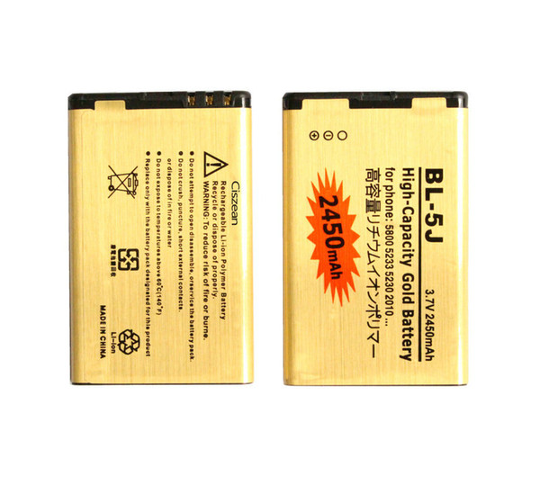 10pcs/lot 2450mAh BL-5J Gold Replacement Battery For Nokia 5800 Nuron X6 Nuron 5233 5235 X6m 5228 5232 5238 3020 520 526 521 ect