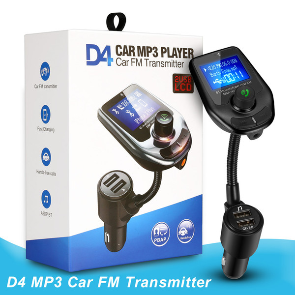 Bluetooth FM Transmitter D4 Adapter Car Charger 2USB for iPhone 11 Support TF and SD Cards for All Smartphone in Box