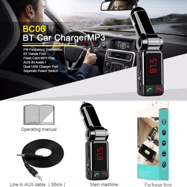 BC06 Car Bluetooth FM Transmitter Hands Free Bluetooth Car Kit MP3 Audio Player Wireless Modulator USB Charger BC06 for Mobile Phone Hot