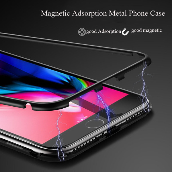 Magnetic Adsorption Metal Phone Case for iPhone Xr Xs Max X 8 Plus Full Coverage Aluminum Alloy Frame with Tempered Glass Back Cover