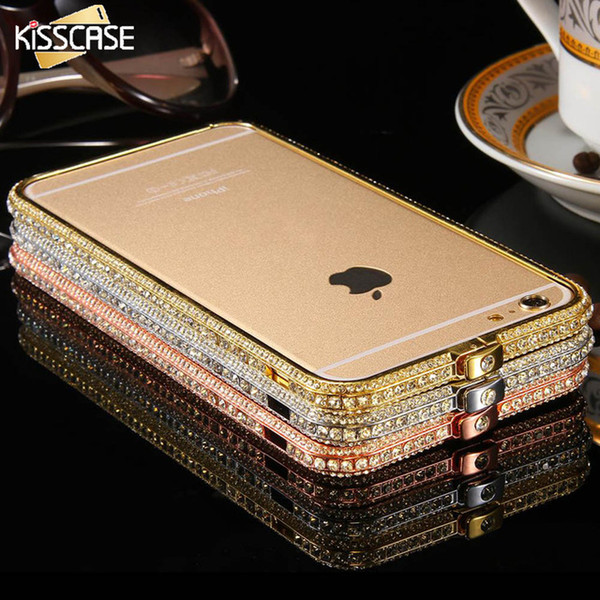 Fashion Women Crystal Diamond Rhinestone Case For iPhone 6 6S Gold Aluminum Metal Frame Cover Capa For 6 Plus 6S Plus