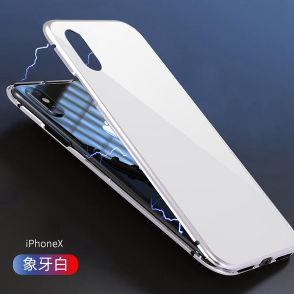 Pure White iPhone X Case, Magnet Magnetic Metal Aluminum Bumper Transparent Tempered Glass Back Slender Support iPhone X / 10 Wireless Charg