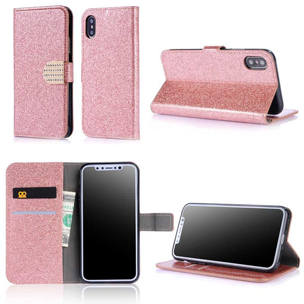 Diamond Glitter Bling Wallet Flip Stand PU Leather + TPU Case For iphone X 8 7 6 6S Plus Samsung S7 S8 S9 Plus J3 J5 J7 2017