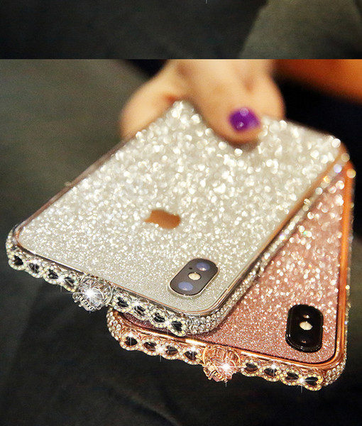 For iPhone X XS 8 7 6 plus Metal Frame Case Luxury Aluminum Metal Bumper With Glitter Sticker Film Diamond Rhinestone Shinning