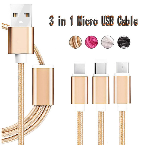 3 in 1 Nylon Braided Micro USB Cable Type C Data Charg Cables 1.2M for Samsung S8 Plus With OPP Packing