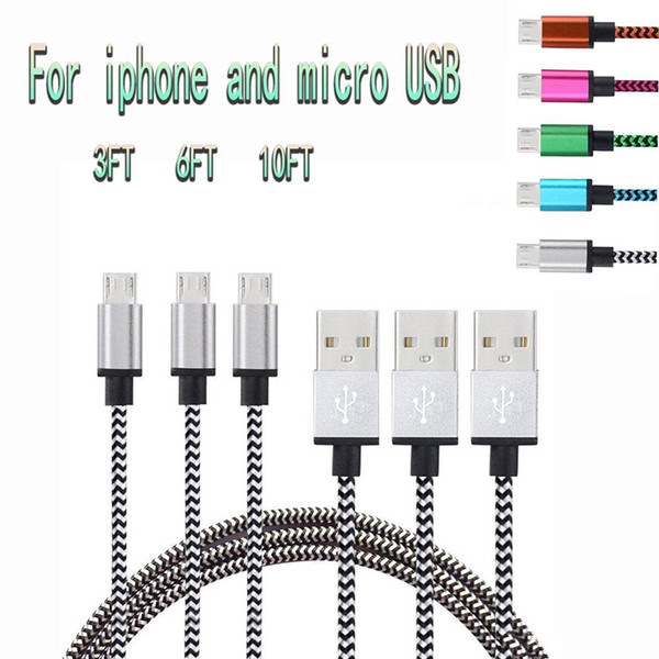 High Speed 3ft 6ft 10ft Nylon Mirco USB V8 Cable usb chargers Data Sync Charging Line Durable Braided Metal Housing For Samsung S9 iphone x